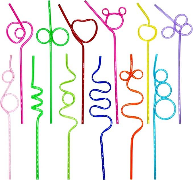 4E's Novelty - Vente Paille - 24 pailles torsadées réutilisables pour enfants et adultes - Pailles en plastique incurvées de 10" sans BPA0