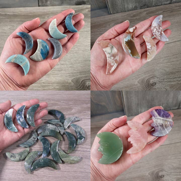 Crescent Moon Crystal Carvings – Assorted Gemstones & Styles for wholesale by Keystone Crystals