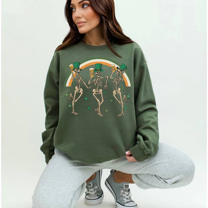 Dancing St. Patrick's Skeletons With Beer Crew Sweatshirt for wholesale by Peach Closet