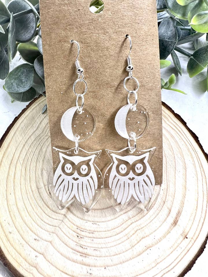 Moon Owl Acrylic Earrings for wholesale by Lindsey Lane Wholesale