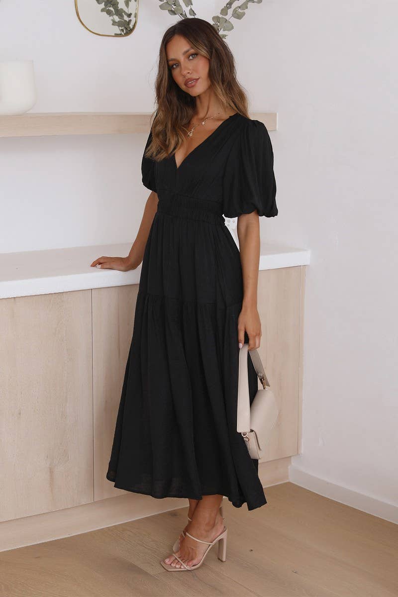 Lily Clothing - Wholesale Dress - Women's - SOLID COLOR DARK V LANTERN  SLEEVE DRESS1