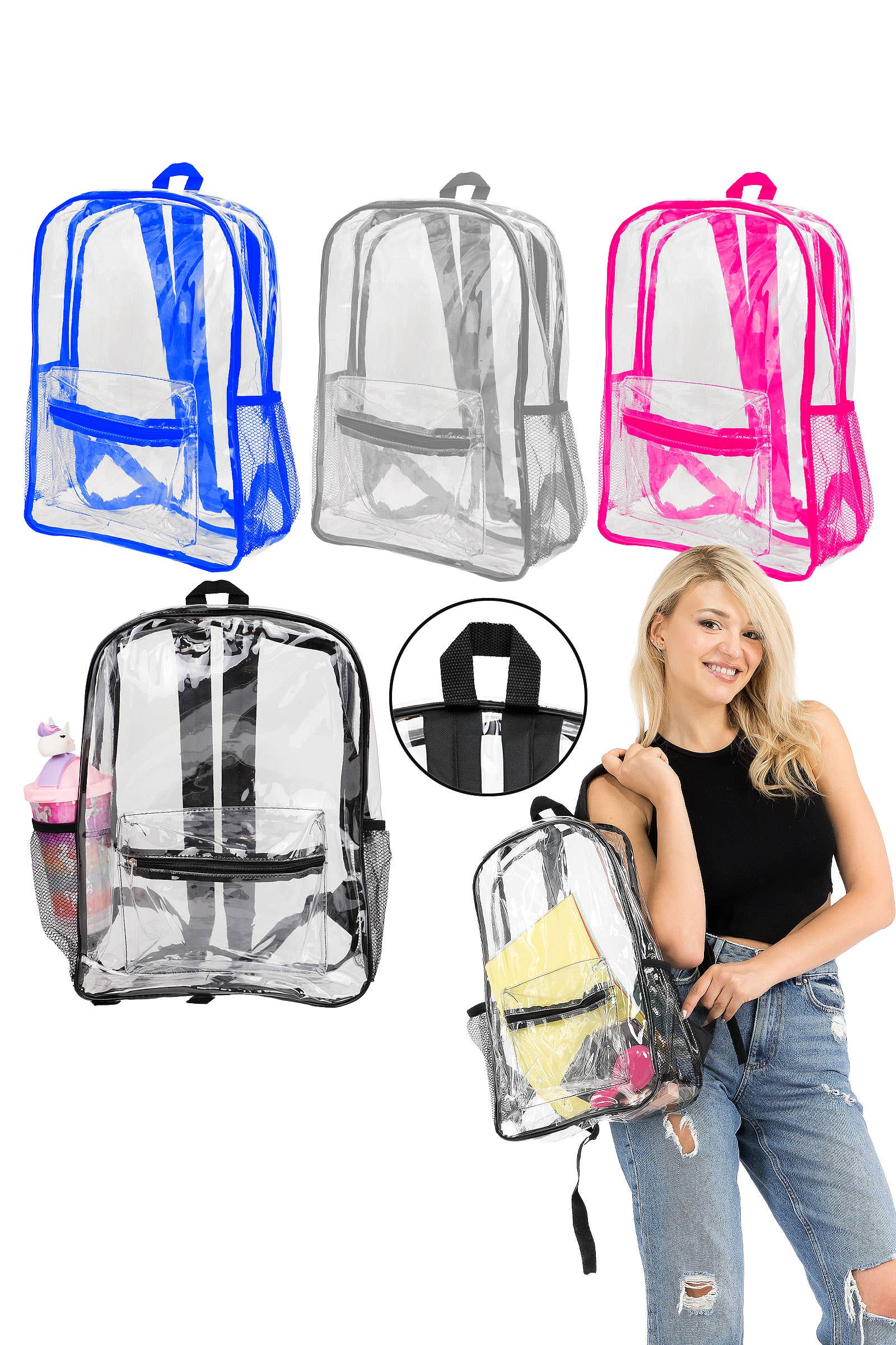 ASSORTI Sac à dos en PVC transparent avec contours colorés extra large en vente sur Faire0