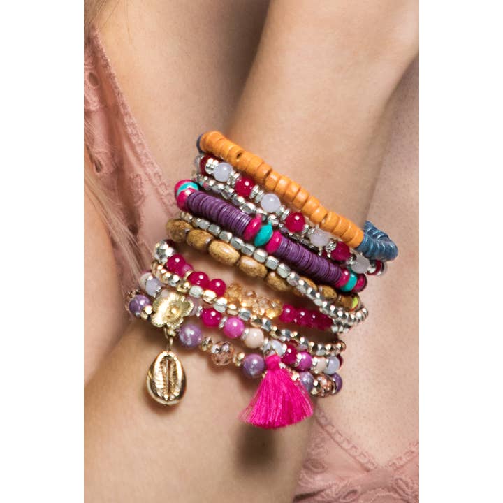 Moscow 10 Layered Wood and Glass Boho Bracelet Set for wholesale on Faire