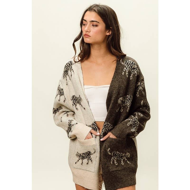 IVE - Vente Cardigan – femme - CARDIGAN À COL EN V À MOTIF TIGRE ET POCHES PLAQUÉES16