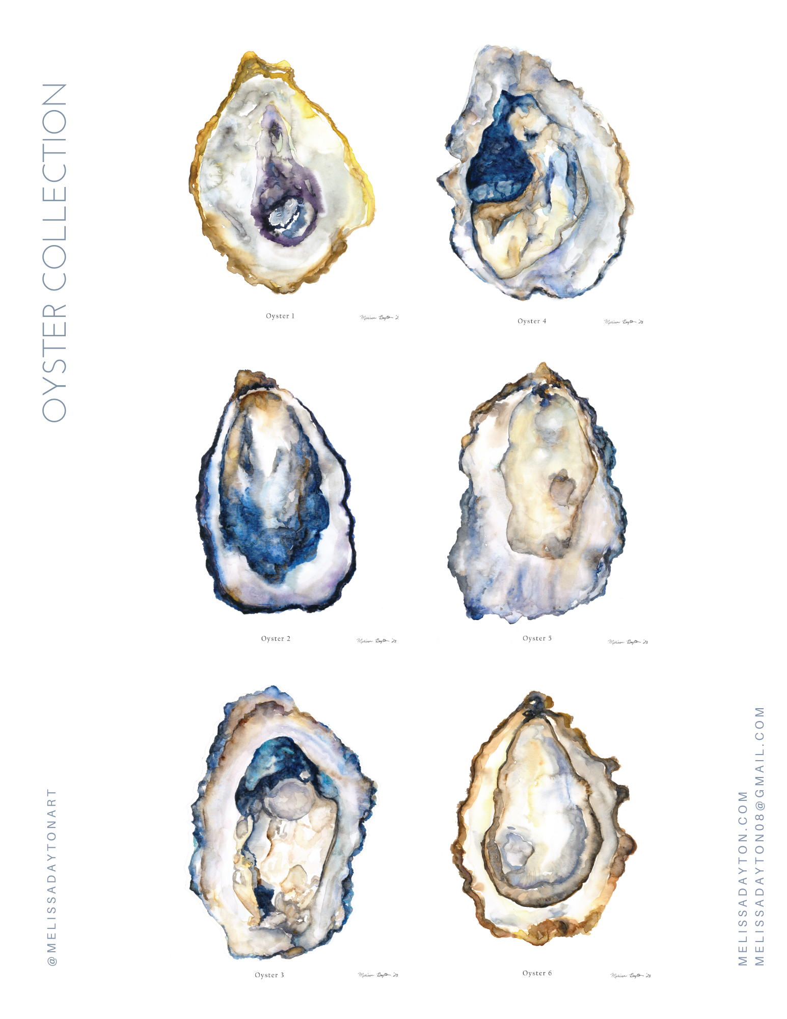 Melissa Dayton Art and Design - Wholesale Gallery Wall Set - Oyster Fine Art Prints- set 6-framed 11 x 146