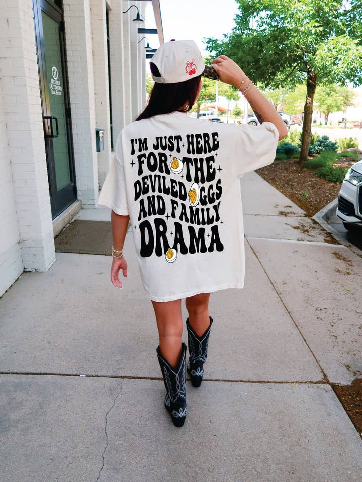 Deviled eggs and family drama graphic tee for wholesale by Shop Karma Tees