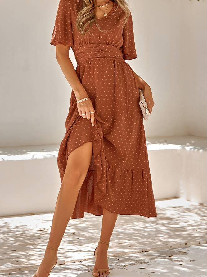 UNISHE - Wholesale Dress - Women's - Swiss Dot V Neck Ruffle Sleeves Dress SN1606