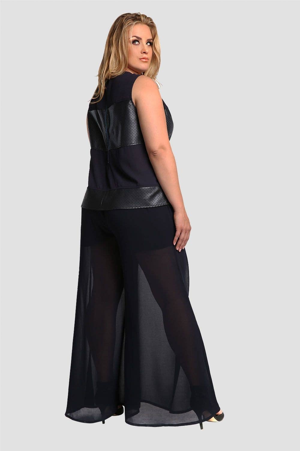 Standards & Practices - Wholesale Pants - Women's - Plus Size Modern Womens Navy Chiffon Elastic Palazzo Pants2