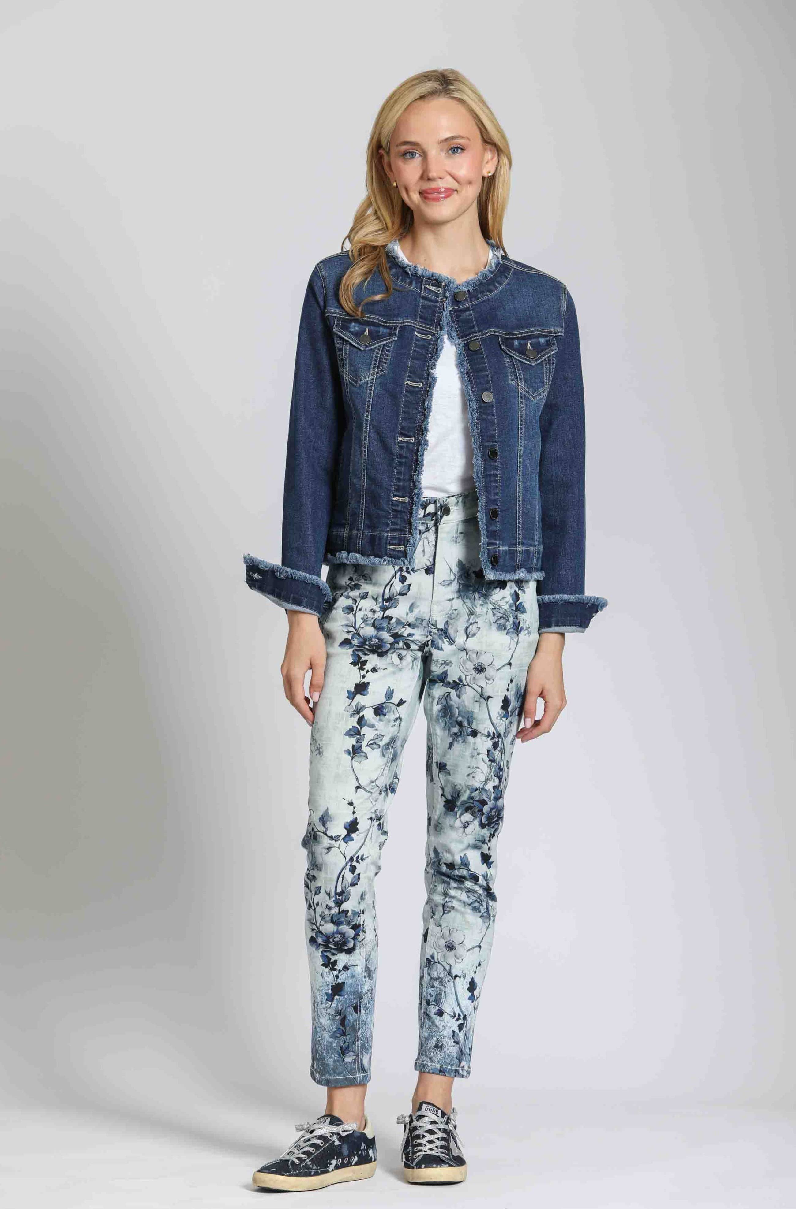 Collarless Jean Jacket With Frayed Detail - INDIGO for wholesale on Faire3