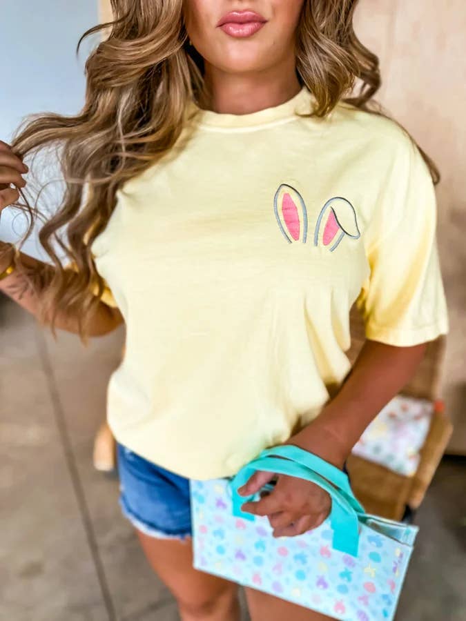 Pocket Bunny Ears Butter Embroidered Graphic Tee for wholesale by birdie