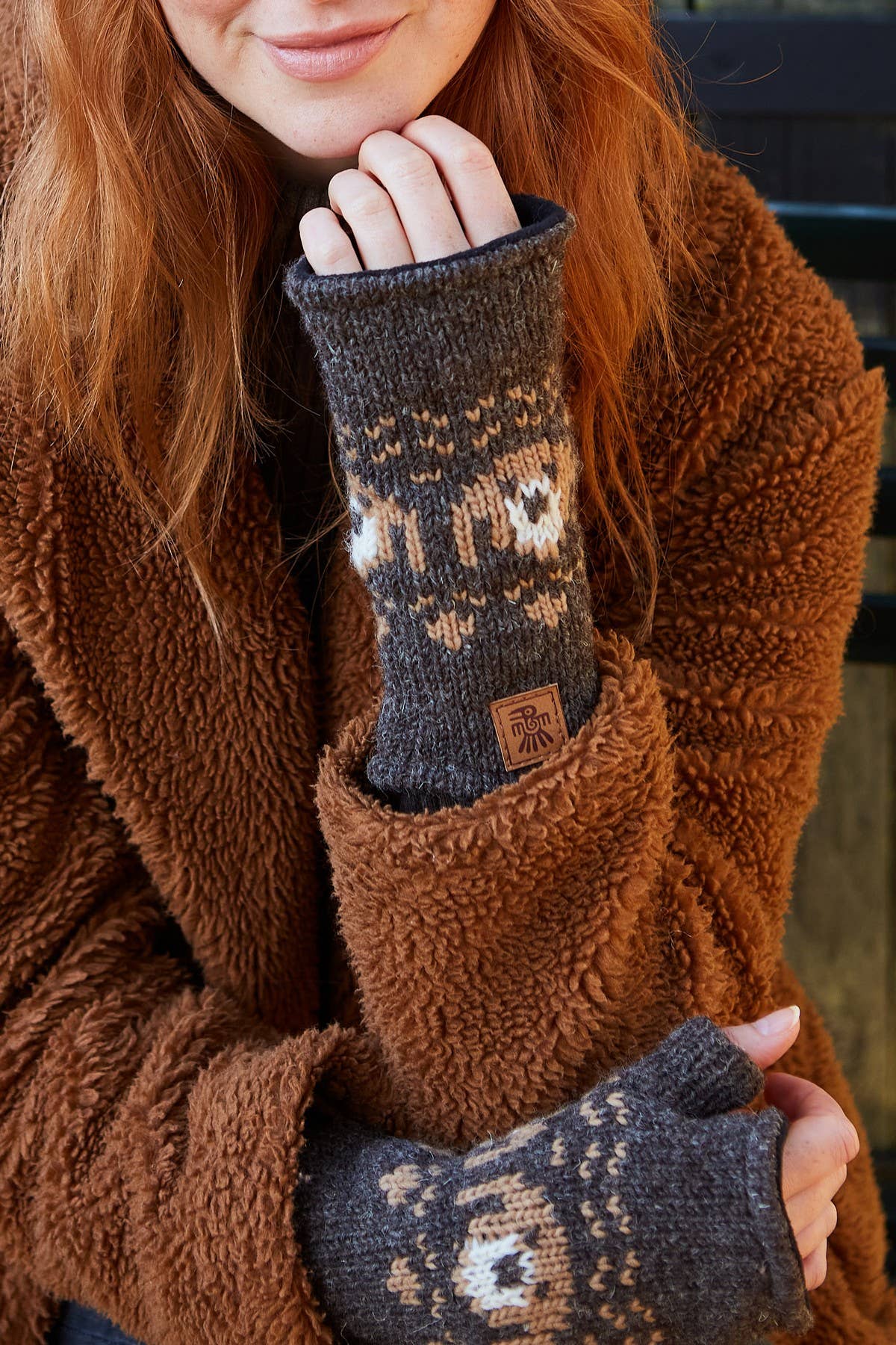 Pooch Dog Knit Wool Fingerless Gloves Bark Brown for wholesale on Faire5