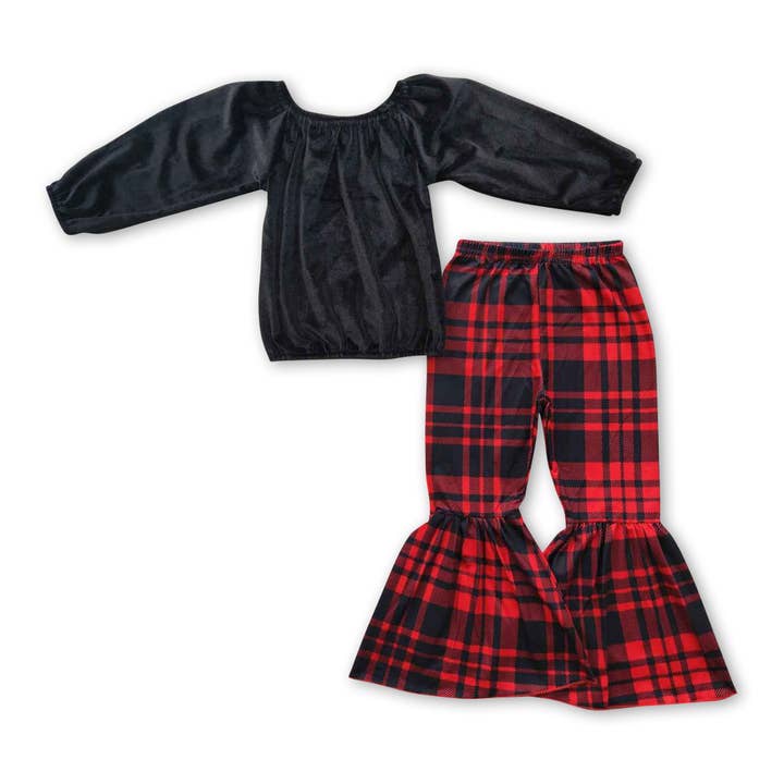 Black velvet top buffalo pants girls Christmas outfits for wholesale by Yawoo Garments