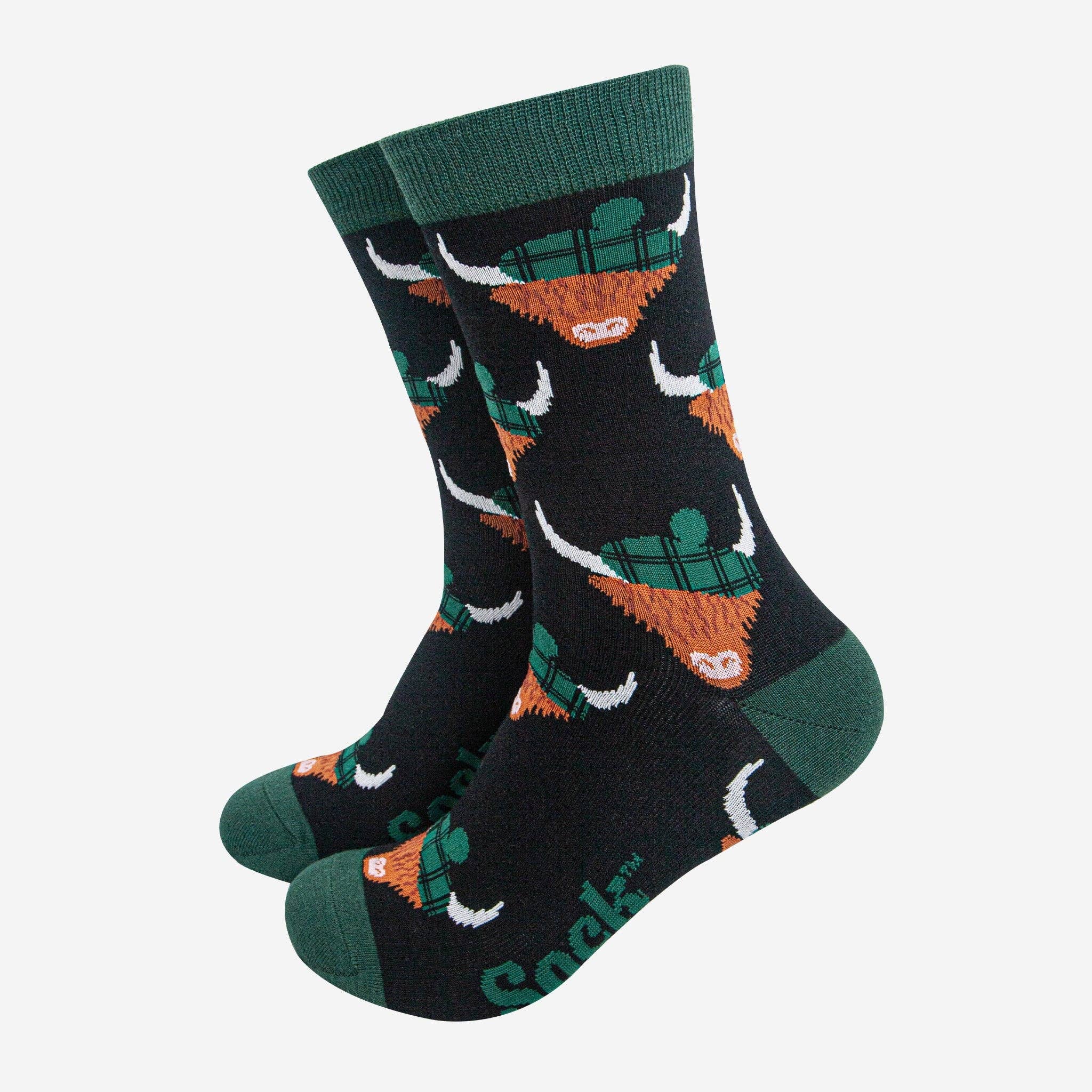 Sock Talk - Vente Chaussettes – homme - Chaussettes en bambou pour hommes - Noir/Vert Forêt, Vache Highland0