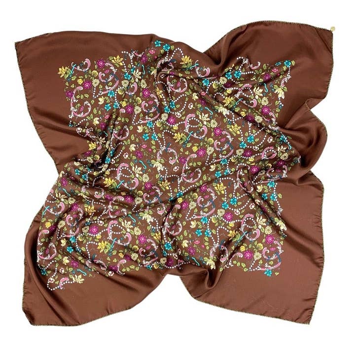 ÉCHARPE EN PURE SOIE 90X90 CM MARRON IMPRIMÉ BAROQUE CODE 352 pour la vente par C.C.&Co.Srl