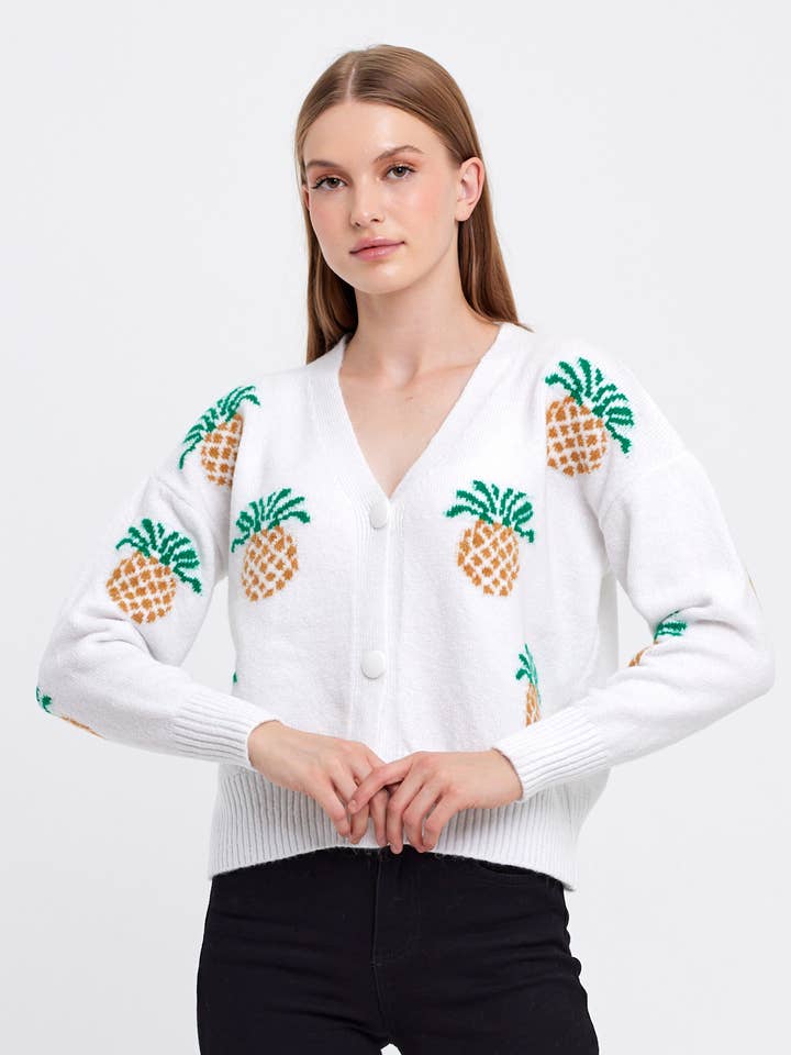 VAV NEW YORK - Wholesale Cardigan - Women's - Women's Pineapple Knitted Cropped Cardigan White Soft Knit1