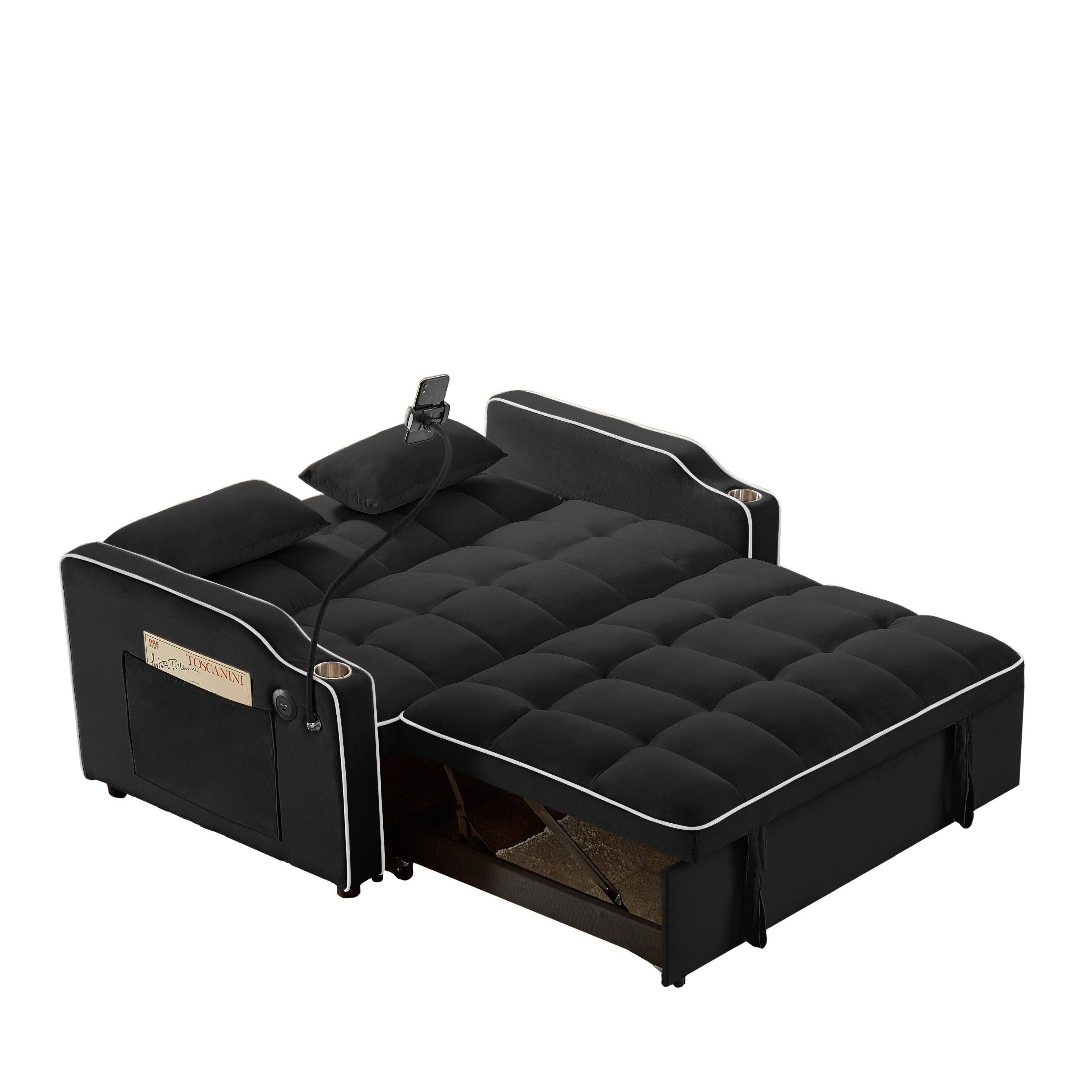 39F Inc. - Wholesale Sofa - Black Foldable Velvet Sofa Bed with USB and Storage14