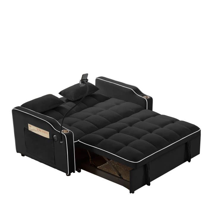 39F Inc. - Wholesale Sofa - Black Foldable Velvet Sofa Bed with USB and Storage14