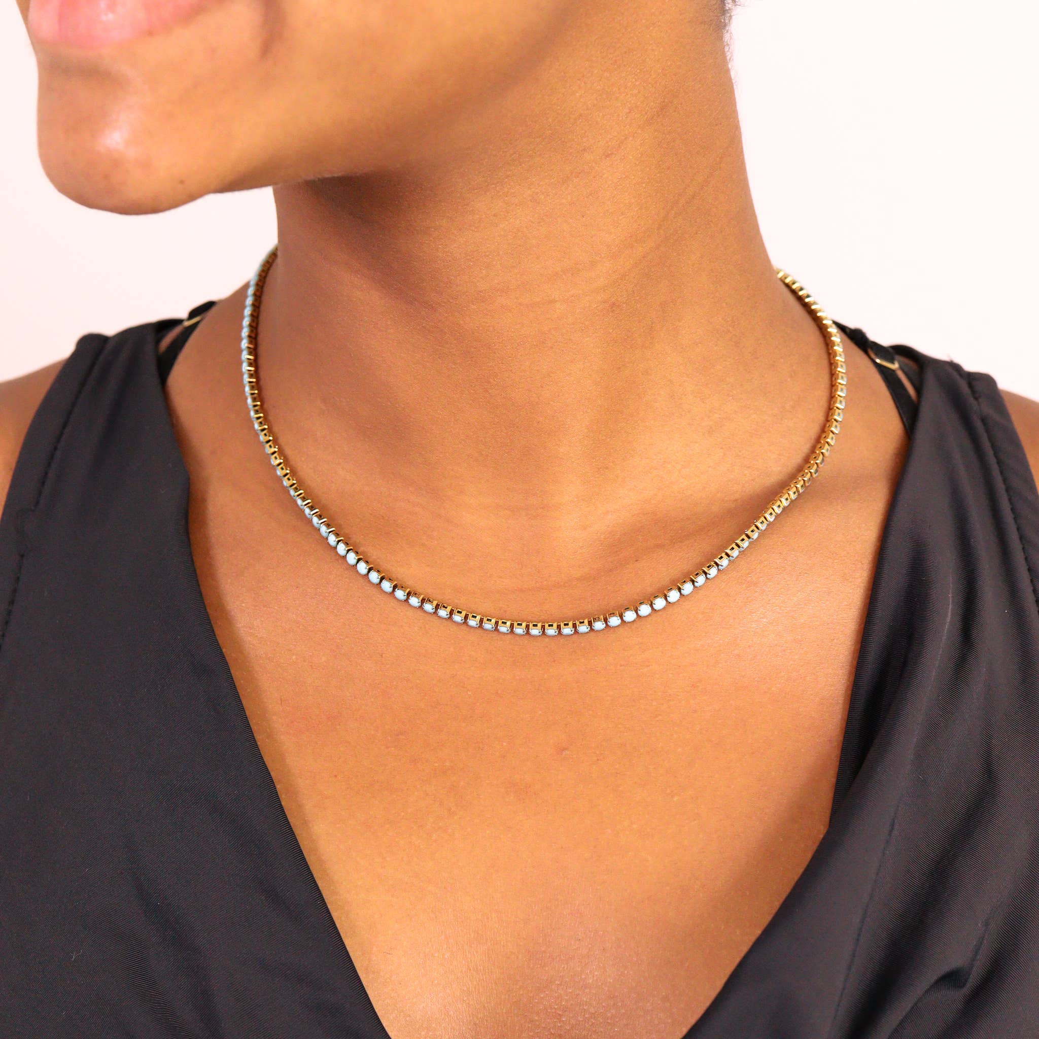 WJW - Wholesale Link & Chain Necklace - 18k Gold Turquoise Rhinestone Tennis Chain Necklace1