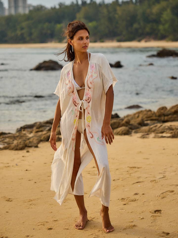 Kimono dress with openwork embroidery, flared cut for wholesale by last queen