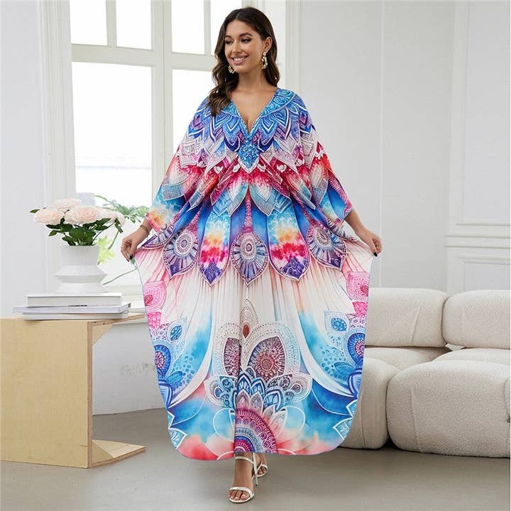 Loose Fit V-Neck Long Sleeve Printed Robe for wholesale by kycozy