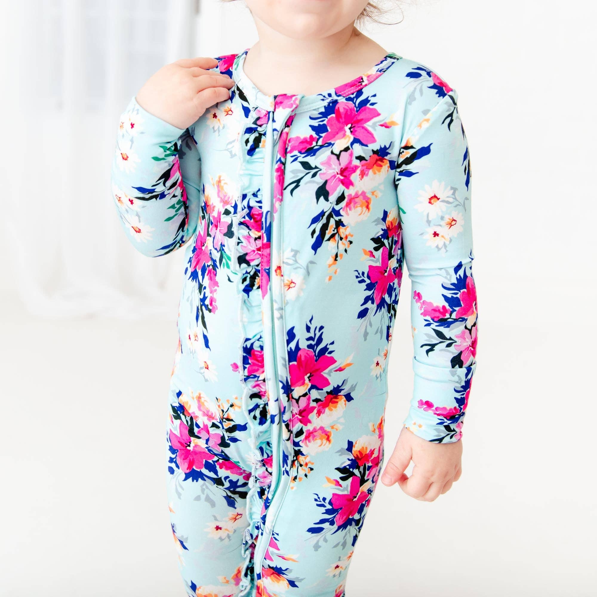 Dreamiere - Vente Grenouillère – bébé - Pyjama convertible à volants en bambou Aqua Floral In Full Bloom8