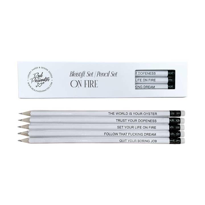 Pencil Set "On Fire", 5 pcs, White/Black for wholesale by Real Passionates