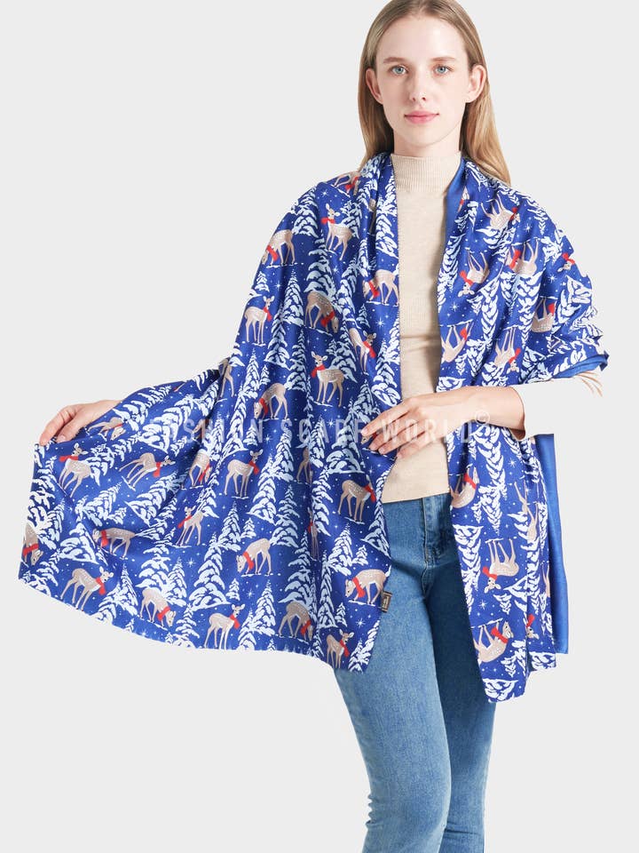 Bufanda de lana con estampado de renos y árbol de Navidad para venta al por mayor de Fashion Scarf World