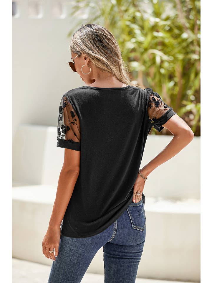 Black LDC Floral Lace Patchwork Crew Neck T Shirt for wholesale on Faire