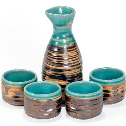 Sake Set - Bronze Raku Turquoise for wholesale by The Incense Sampler Works