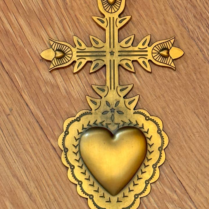 Brass Sacred Heart Wall Art Goth Religious Gold Wall Hanging Eclectic Esoteric Gift for Artist Metal Golden Catholic Milagro Cross Decor for wholesale by Utopian Experiments