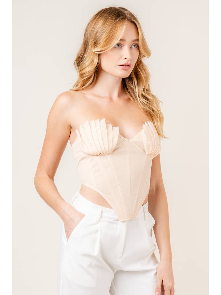 PESCA TOP CORTO A BUSTIER CON LACCI SUL RETRO, CORSETTO A CONCHIGLIA PLISSETTATA, TI4297FO in vendita all'ingrosso su Faire2