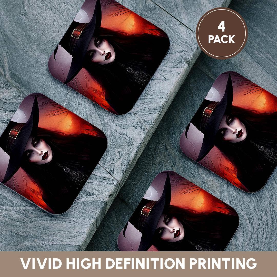 3dRose - Wholesale Coasters - 3dRose, Dark Fantasy Witch Lady, Red Light, Moon, Forest. Halloween Theme, Coaster12