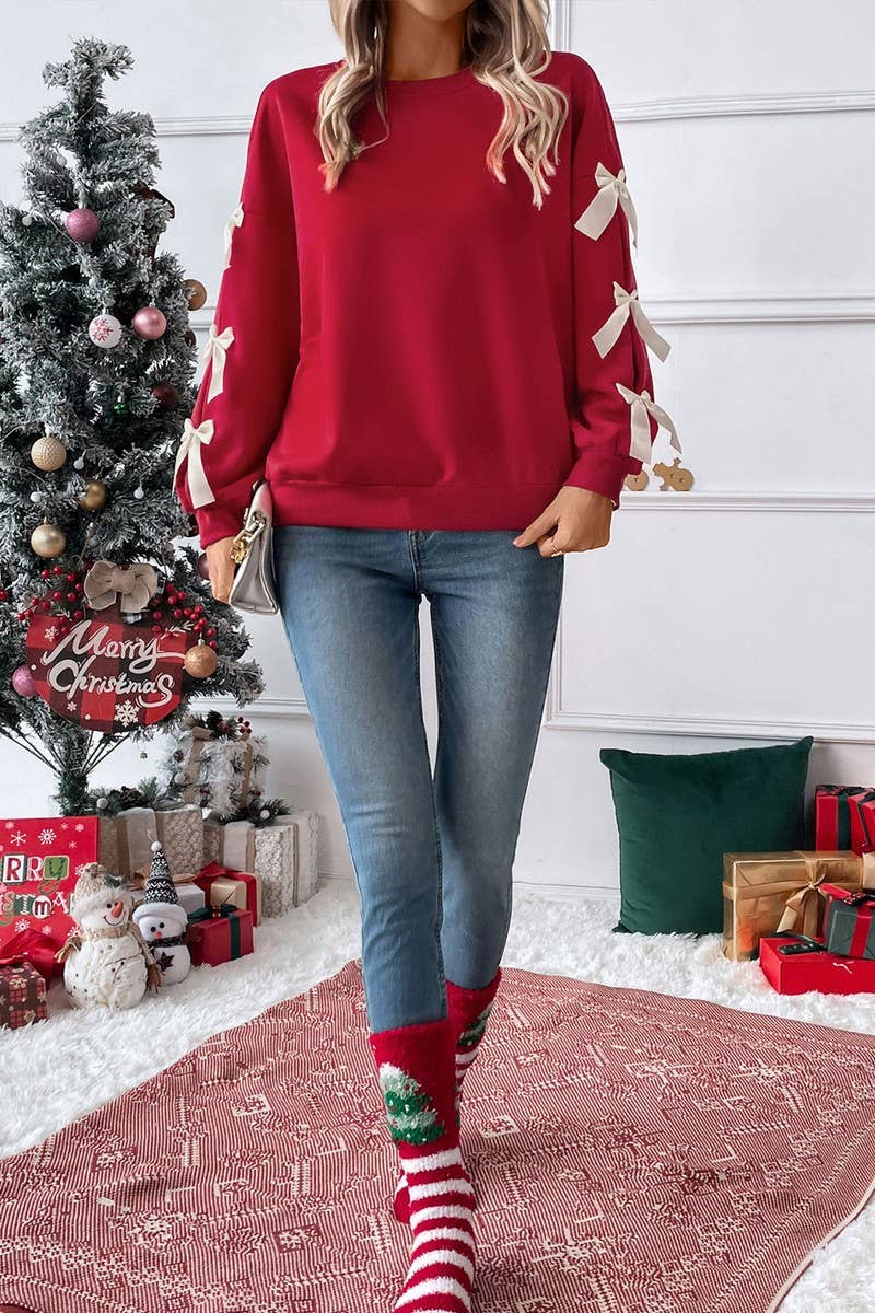 CWTBLL2301_ROUND NECK BOW RED CHRISTMAS SWEATSHIRT for wholesale on Faire3
