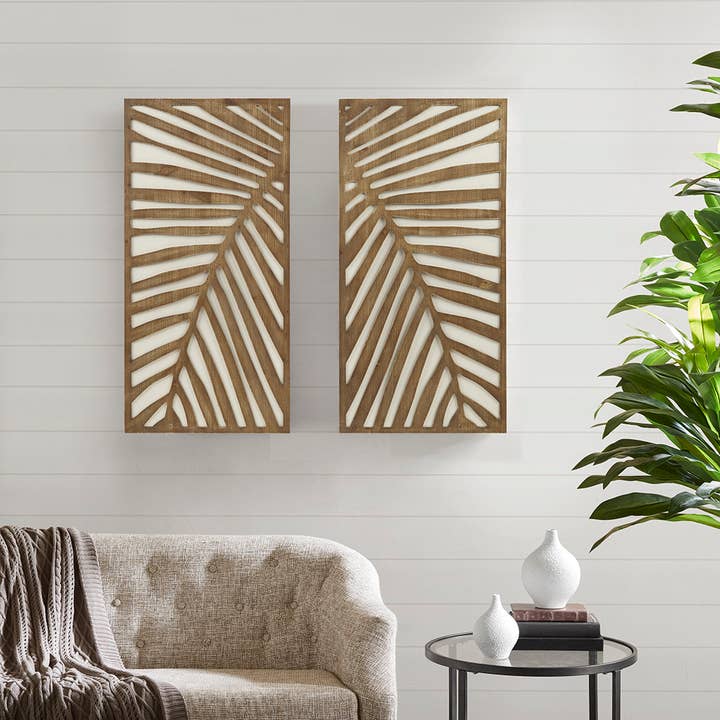 Olliix - Wholesale Decorative Panel - Carved Palm Leaves Tropical 2-Piece Wood Wall Art Home Decor