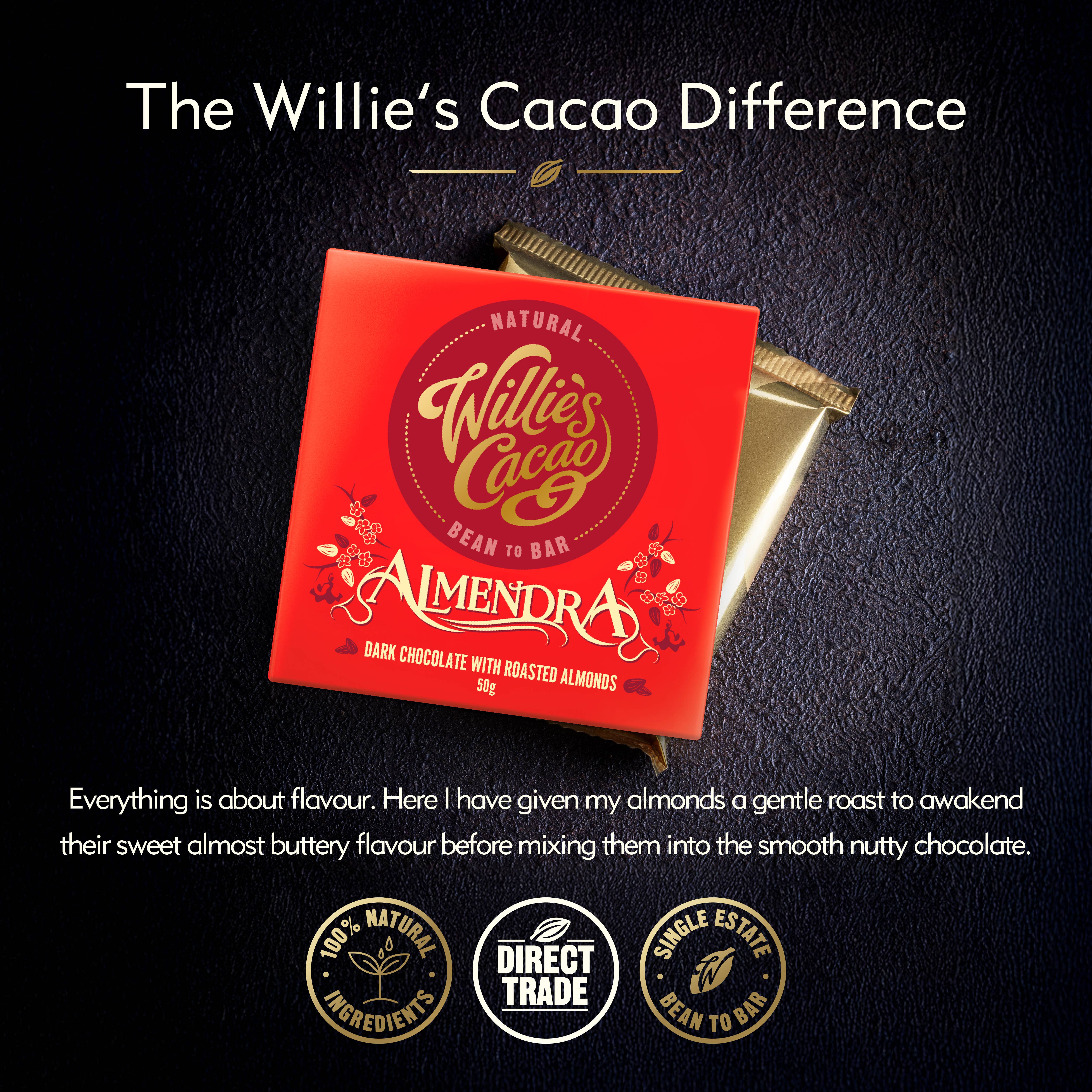 Willie's Cacao - Wholesale Chocolate bar - Almendra. Dark chocolate with almonds. Vegan. 50g bar1