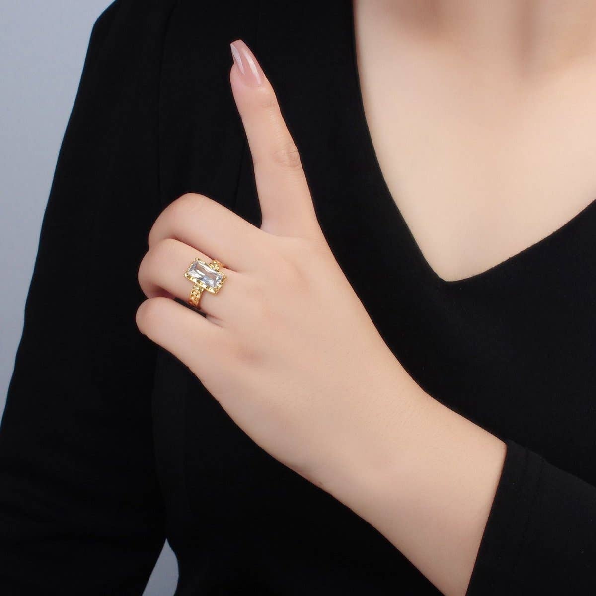 Aim Eternal - Wholesale Band/Stacked Ring - 24K Gold Filled Clear CZ Baguette Hammered Wrap Band Ring | U3201