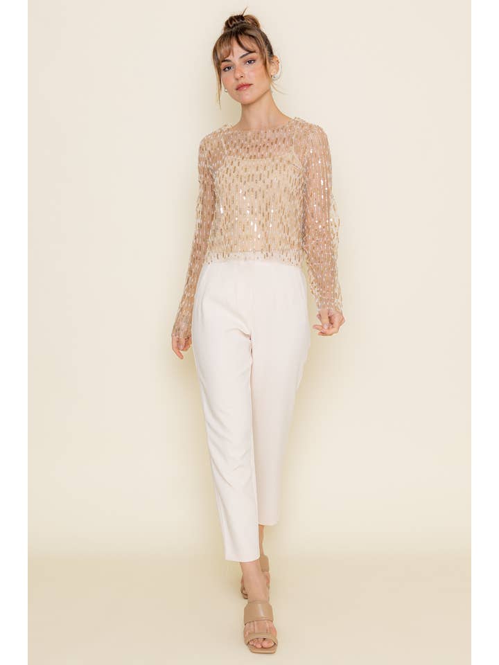 CHIC GOLD INTRICATE BEADED MESH LONG SLEEVE TOP-TI5688FO for wholesale on Faire