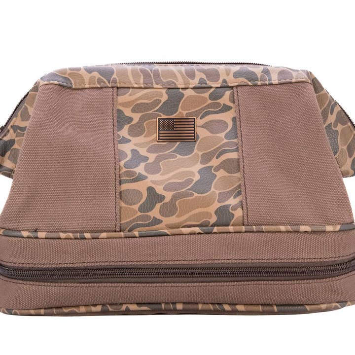 USA Flag Brown Waxed Canvas Old School Camo Men's Toiletry Dopp Bag. for wholesale by Zep-Pro