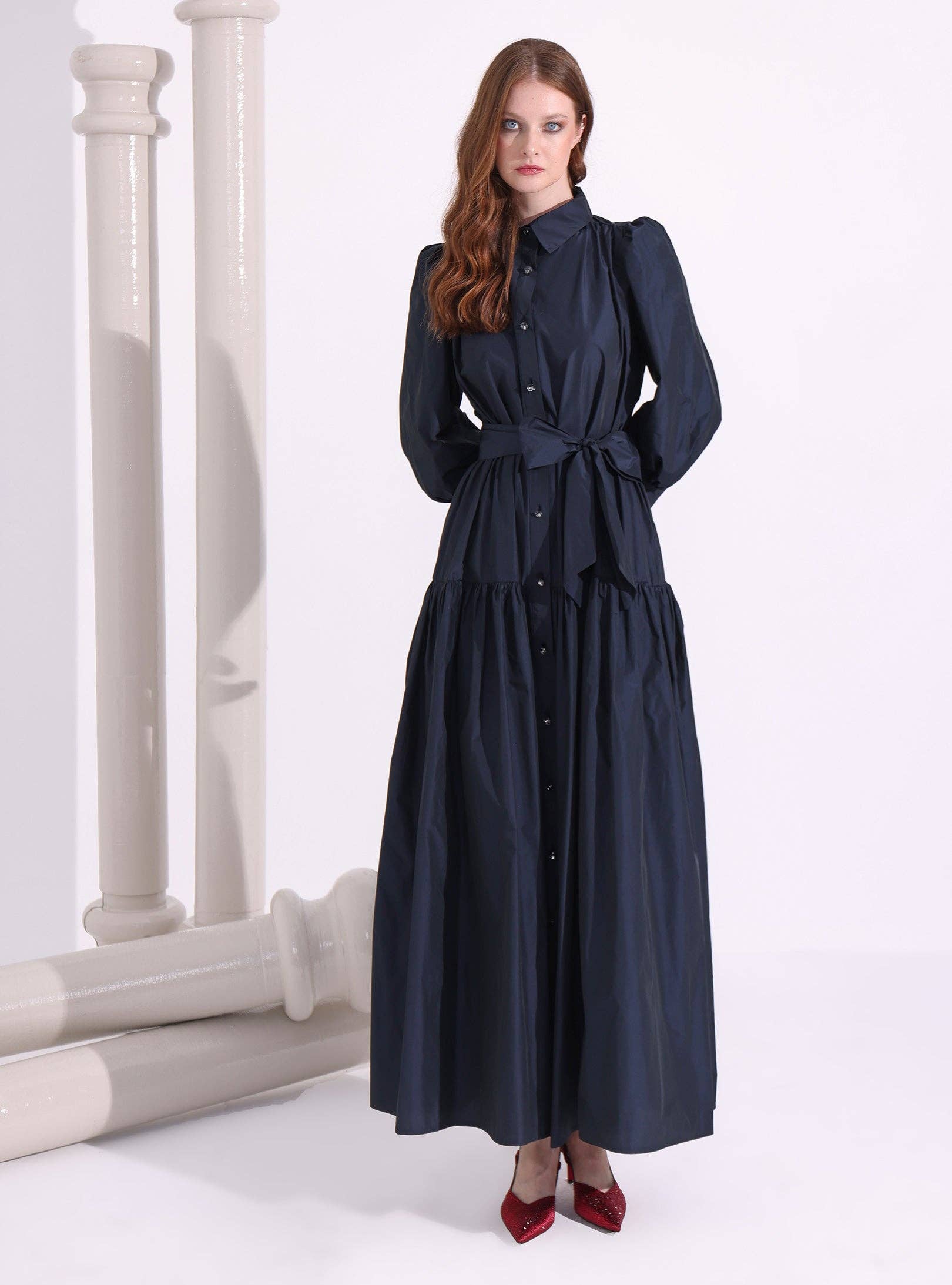 Store WF – wholesale Dress – Women's – Navy Taffeta Cristal Button Maxi Dress3