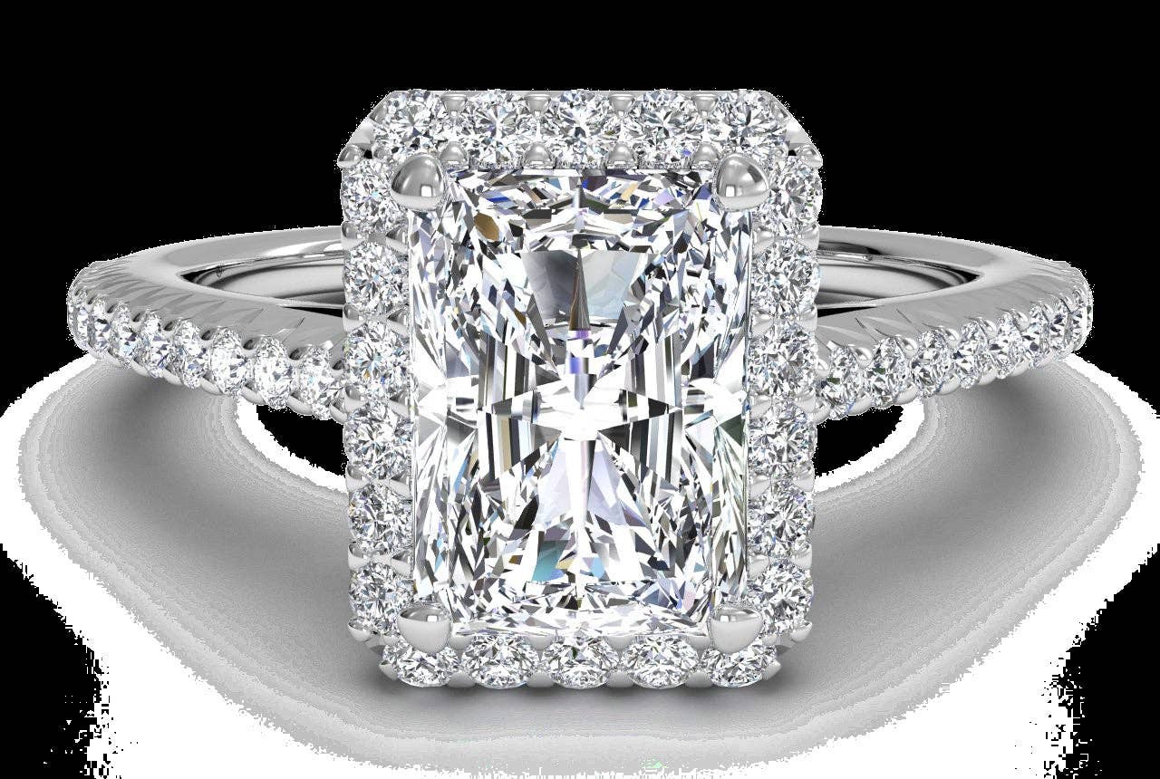 Amy and Annette - Wholesale Engagement Ring - Halo Engagement Ring with Simulated Diamond in 18K White Gold2