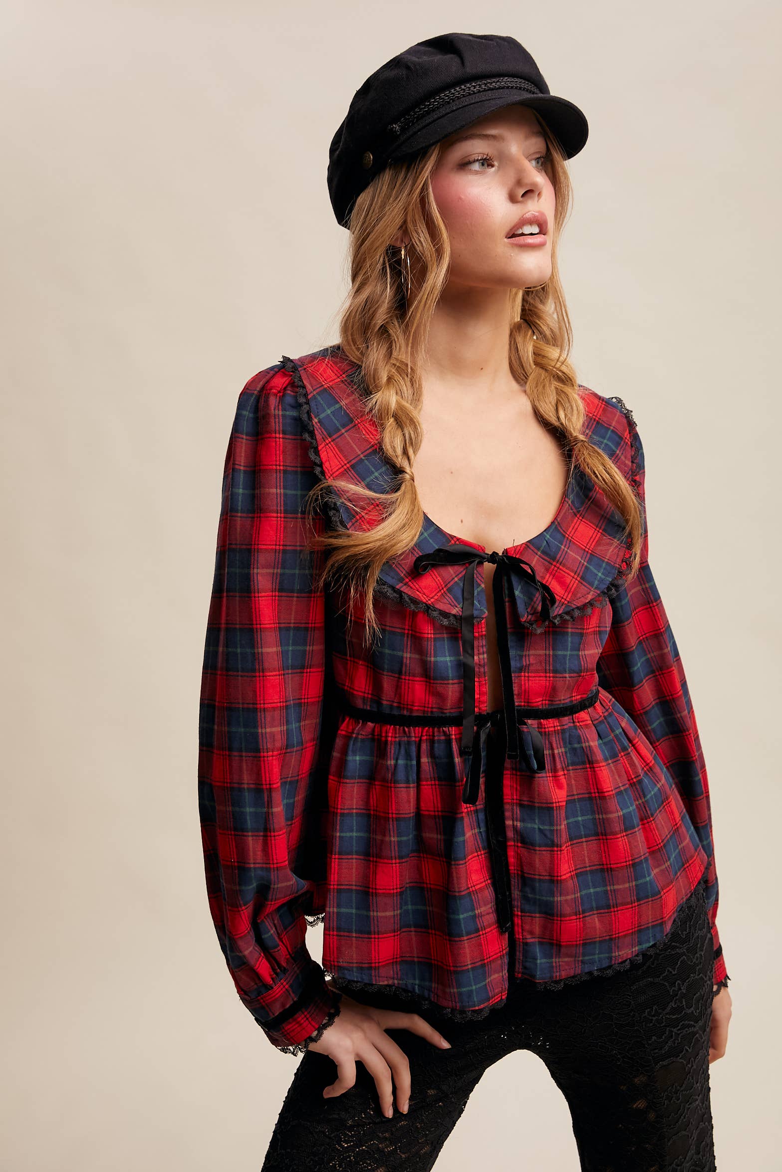 Listicle - Wholesale Blouse - Women's - Plaid Velvet Trim Holiday Blouse LT14463