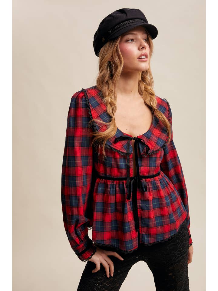 Listicle - Wholesale Blouse - Women's - Plaid Velvet Trim Holiday Blouse LT14463