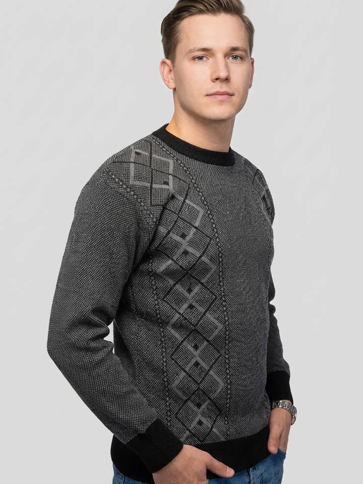Felsenkind Herrarnas stickade tröja – Varm vintertröja med rombmönster, rund hals, grå/svart för wholesale av Felsenkind