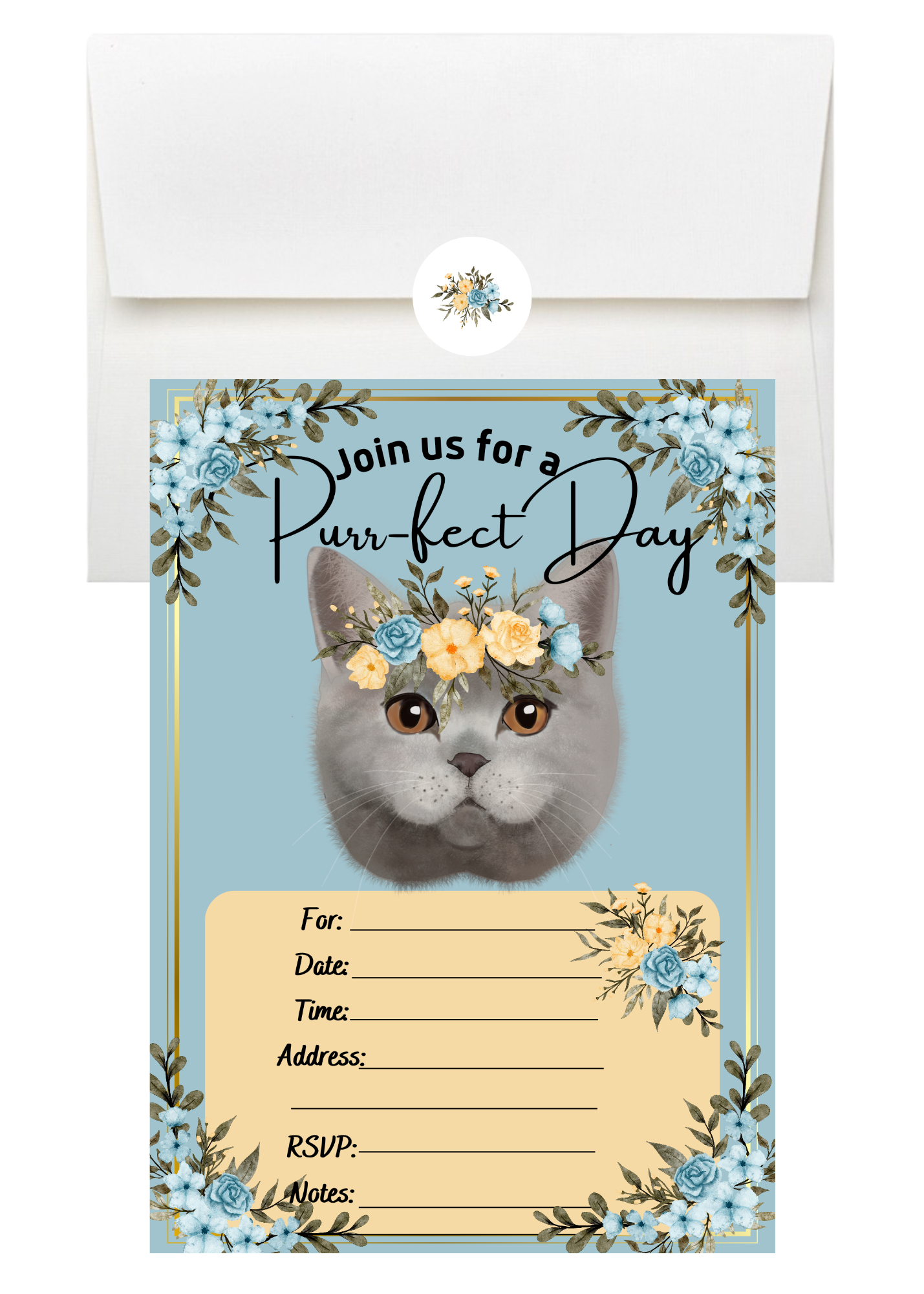 LM Studioz - Wholesale Invitations - Floral Cat Party Invitations comes with Envelopes + Stickers2