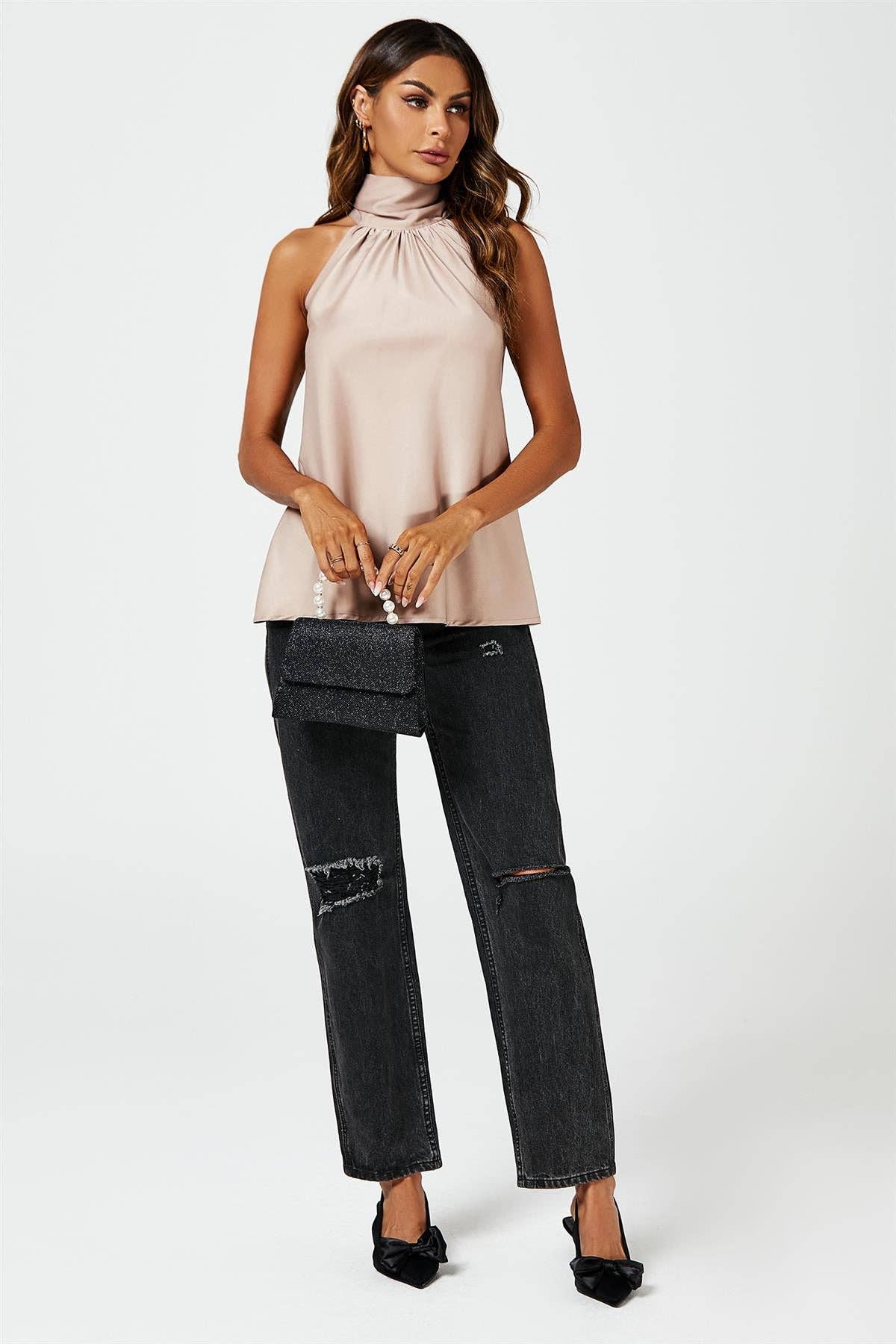 Satin Halter Neck Tie Back Top In Light Brown for wholesale on Faire2