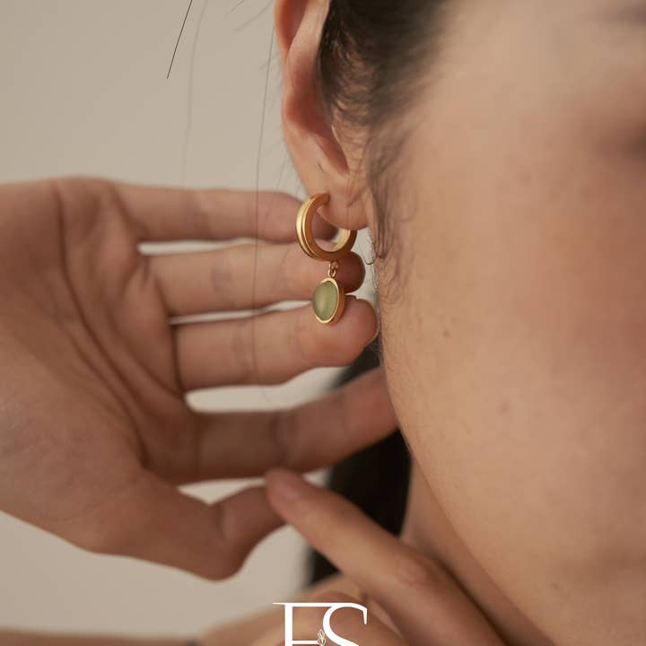 Furano Studio - Wholesale Hoop Earrings - 18k gold green oval Aventurine Hoop Earring5