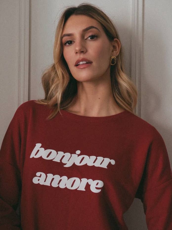 Red "Bonjour Amore" sweatshirt for wholesale by Arlette & Maria