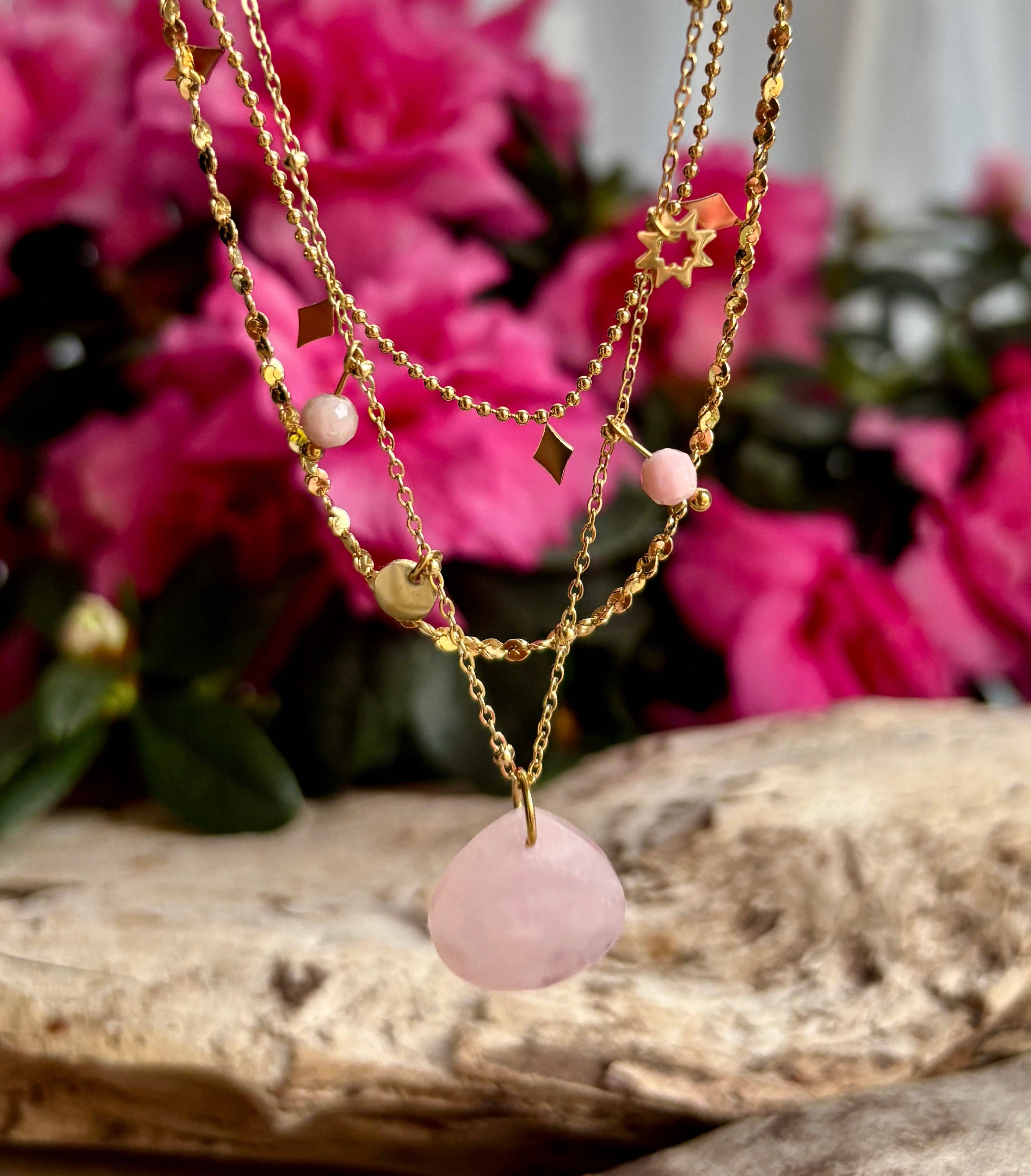 Ocean Ripples – wholesale Pendant/charm necklace – 18ct Gold Plated Rose Quartz Pendant Necklace   2