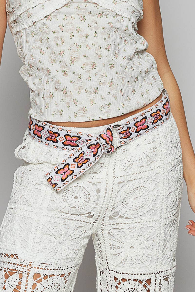IVOIRE/ROSE Ceinture ajustable en tissu à motif papillon brodé en vente sur Faire6