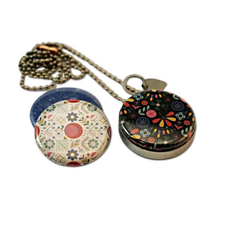 Geometric Floral Locket Necklace - Magnetic, 3 Lids Recycled for wholesale by Polarity
